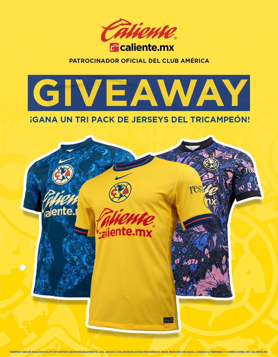 Club América (@clubamerica) on Twitter photo ¡Águilas! Participen para GANAR un TRI PACK de jerseys junto a Caliente.mx previo a las Semifinales. 🦅👕
1️⃣ Dale RT y ❤️
2️⃣ Sigue a <a href="/calientesports/">Caliente Sports</a> en TW e IG 📲 instagram.com/caliente_sport…
3️⃣ Etiqueta a un amigo, comenta tu jugador favorito del América y agrega el HT ¡Águilas! Participen para GANAR un TRI PACK de jerseys junto a Caliente.mx previo a las Semifinales. 🦅👕
1️⃣ Dale RT y ❤️
2️⃣ Sigue a <a href="/calientesports/">Caliente Sports</a> en TW e IG 📲 instagram.com/caliente_sport…
3️⃣ Etiqueta a un amigo, comenta tu jugador favorito del América y agrega el HT