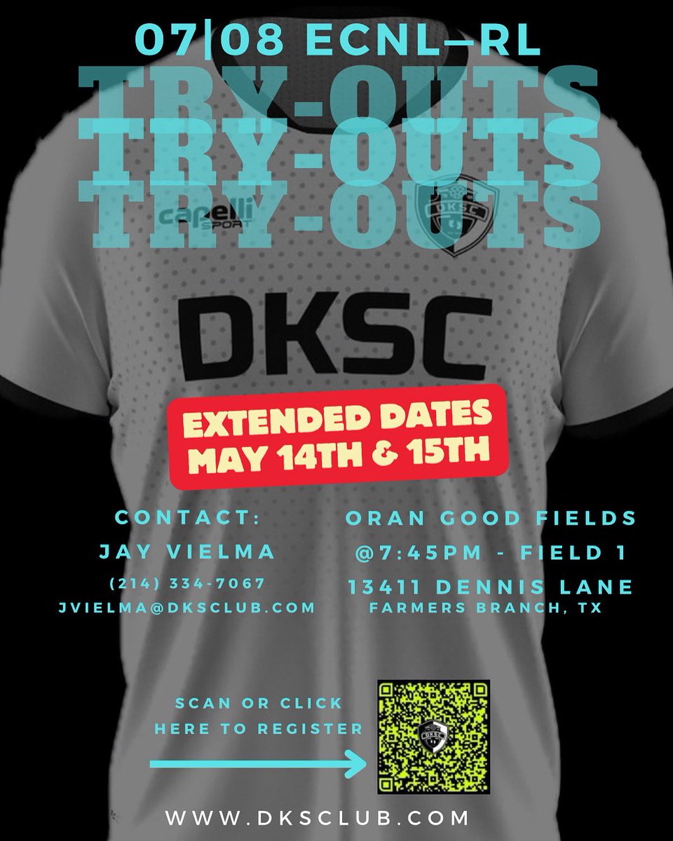 DKSC ECNL-RL 08G Vielma (@dksc08rl) on Twitter photo 📣 Tryout dates/times extended May 14th & 15th. Please contact Coach Jay if you have any questions.  <a href="/JayV1221/">Jay Vielma</a> 📣 Tryout dates/times extended May 14th & 15th. Please contact Coach Jay if you have any questions.  <a href="/JayV1221/">Jay Vielma</a>