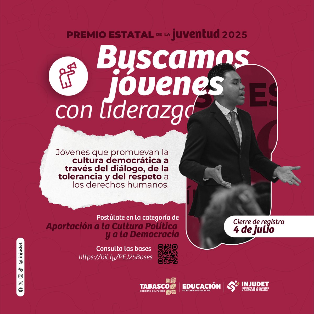 ¿Te has destacado por la promoción de la cultura política? Postúlate al #PremioEstatalDeLaJuventud2025 en la categoría de  💬Aportación a la Cultura Política.

📹Cuéntanos sobre ti en un video de 90 segs.
📄Bases: bit.ly/PEJ25Bases
✅Registro: bit.ly/PEJ25Reg