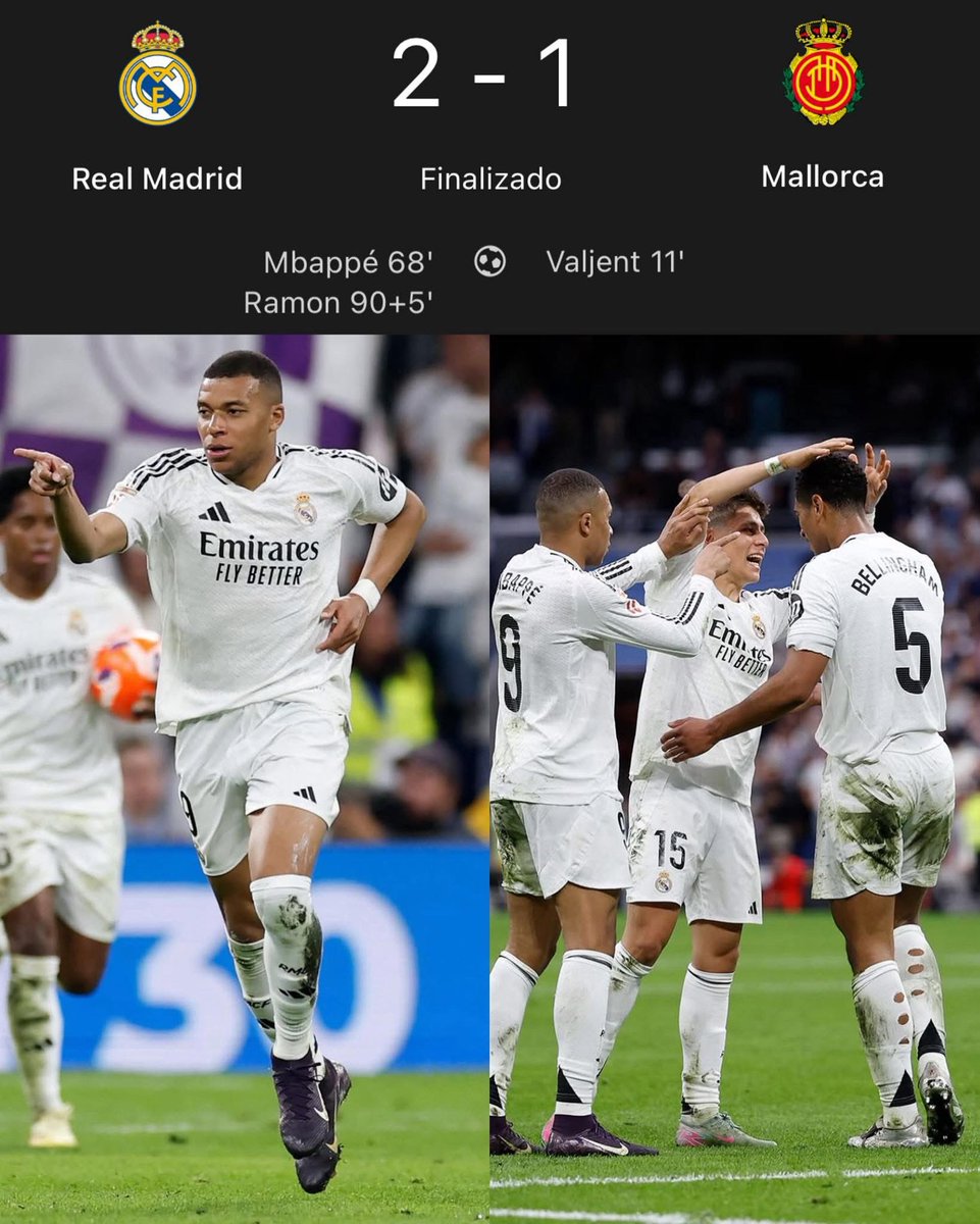 ¡¡GANÓ EL REAL MADRID!! 🚨🇪🇸

El Real Madrid le 𝗥𝗘𝗠𝗢𝗡𝗧𝗢́ 𝟮-𝟭 al Mallorca y con esto 𝗘𝗩𝗜𝗧𝗔𝗡 que el Barcelona salga campeón momentáneamente.

𝗘𝗟 𝗠𝗔́𝗦 𝗚𝗥𝗔𝗡𝗗𝗘 𝗗𝗘 𝗘𝗨𝗥𝗢𝗣𝗔 ⚪️🔥