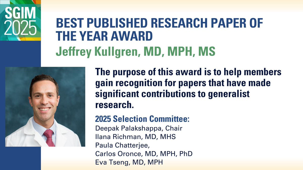 SGIM (@societygim) on Twitter photo 🎉 Congratulations to our #SGIM25 Award Winner! 🎉
Please join us in celebrating Jeffrey Kullgren, MD, MPH, MS (<a href="/JeffKullgren/">Jeff Kullgren</a>), recipient of the Best Published Research Paper of the Year Award. Their outstanding work exemplifies excellence in general internal medicine.
👏 Help 🎉 Congratulations to our #SGIM25 Award Winner! 🎉
Please join us in celebrating Jeffrey Kullgren, MD, MPH, MS (<a href="/JeffKullgren/">Jeff Kullgren</a>), recipient of the Best Published Research Paper of the Year Award. Their outstanding work exemplifies excellence in general internal medicine.
👏 Help