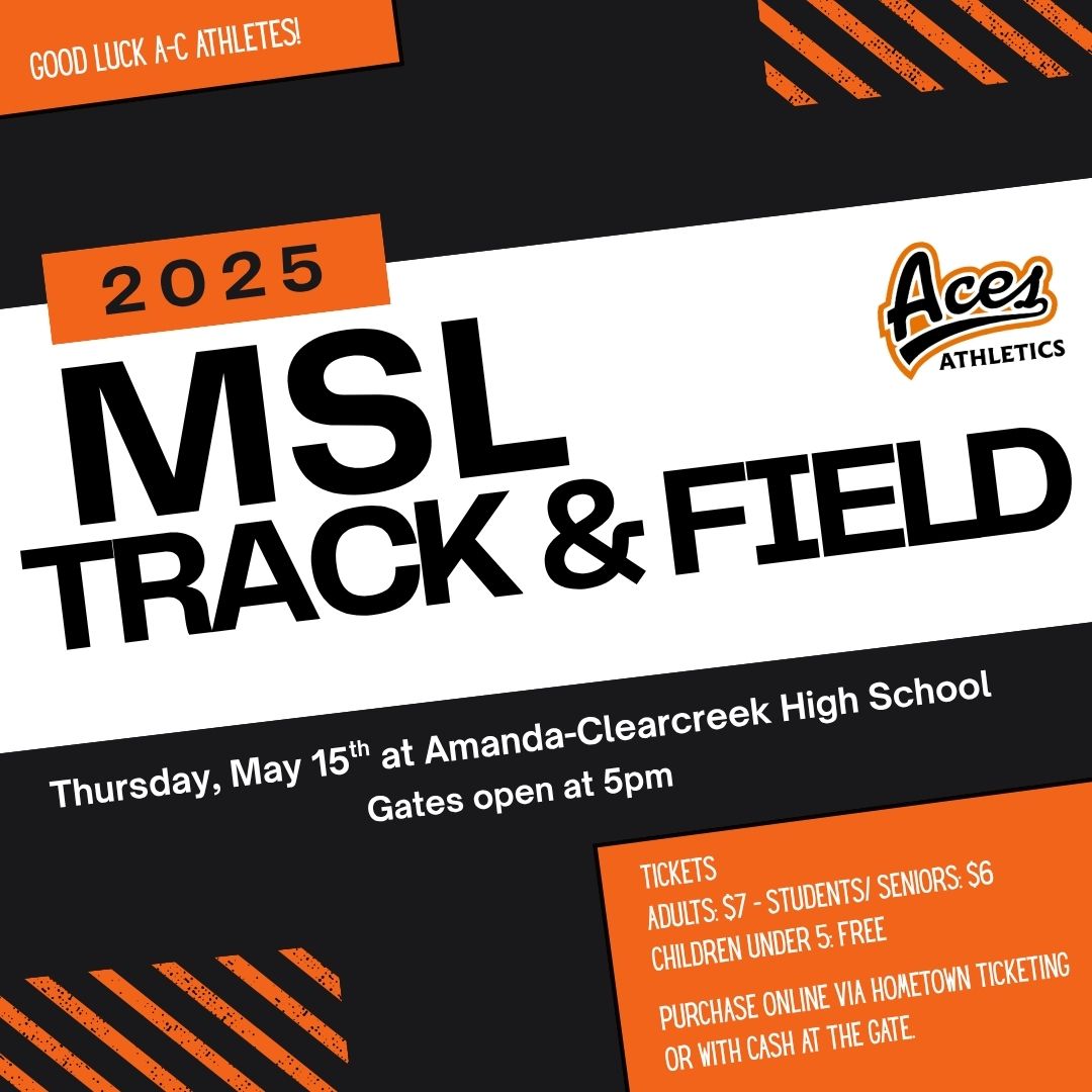 Amanda-Clearcreek High School will host the MSL Track Finals on Thursday, May 15th!  Gates will open at 5pm and tickets are on sale now via Hometown Ticketing.  All adults, students and seniors will need a ticket for this event - only MSL...
amanda.k12.oh.us/~board/distric…