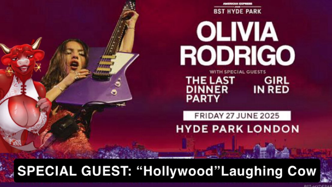 Laughing Cow❣️🐮 (@wwelaughingcow) on Twitter photo 🚨ANNOUNCEMENT:🚨
I’m thrilled to announce that I will be an official “Special Guest” at <a href="/oliviarodrigo/">Olivia Rodrigo</a>’s concert in London…❣️
That’s right.. THEE Hollywood Cow will be on stage on June 27 to boost the audience, ticket sales & publicity!
⭐️#HollywoodCow⭐️ #CowInRed♥️ 🚨ANNOUNCEMENT:🚨
I’m thrilled to announce that I will be an official “Special Guest” at <a href="/oliviarodrigo/">Olivia Rodrigo</a>’s concert in London…❣️
That’s right.. THEE Hollywood Cow will be on stage on June 27 to boost the audience, ticket sales & publicity!
⭐️#HollywoodCow⭐️ #CowInRed♥️