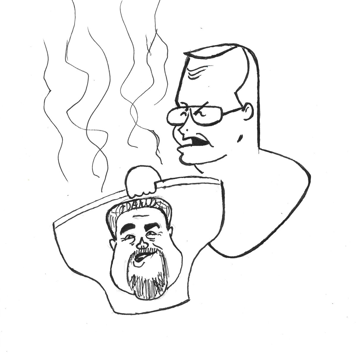 Greg_Jackman's tweet photo. A caricature of @TheJimCornette  dealing with the existence of sh*tstain (@THEVinceRusso ) 
For those wondering: yes I do commissions. Message, if interested. https://t.co/XfFEODMcxE