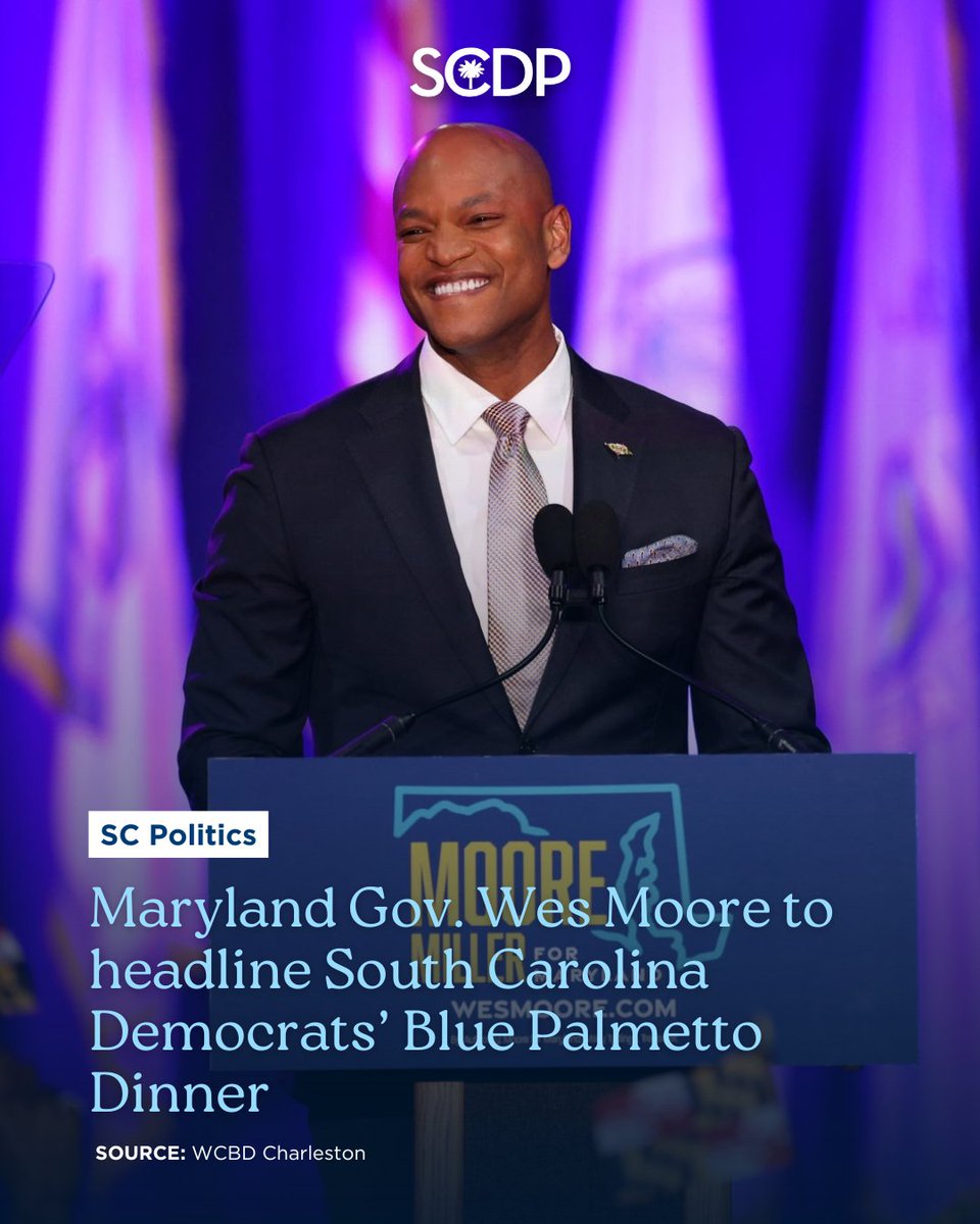 scdp's tweet image. ICYMI: Maryland Gov. Wes Moore is coming to SC to headline our Blue Palmetto Dinner on May 30! Gov. Moore is a bold, compassionate leader whose message couldn’t be more timely. Don’t miss this, read more below. Grab your tickets here: secure.actblue.com/donate/bluepal…