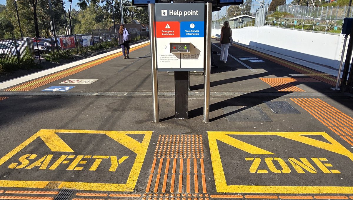 Impressive. A Safety Zone on an Australian railway platform puts any worried passenger under direct CCTV surveillance. 
One can press the blue button for rail service information or the red if there's an emergency or one feels threatened.