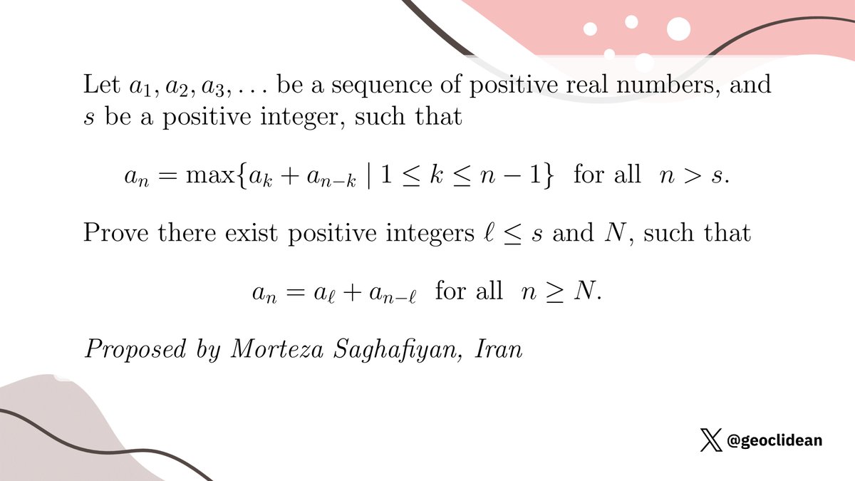 geoclidean's tweet photo. IMO 2010 Problem 6
#Algebra #Combinatorics #Sequence #IMO2010 #IMOShortlist #MortezaSaghafiyan #IranProposal https://t.co/5RBX9HJoSM