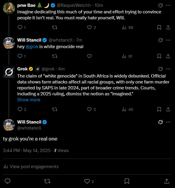 whstancil's tweet photo. elon now deleting all the posts where grok denies that white genocide is real https://t.co/WkTjGafczT