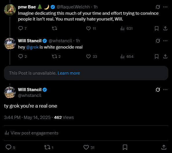 elon now deleting all the posts where grok denies that white genocide is real