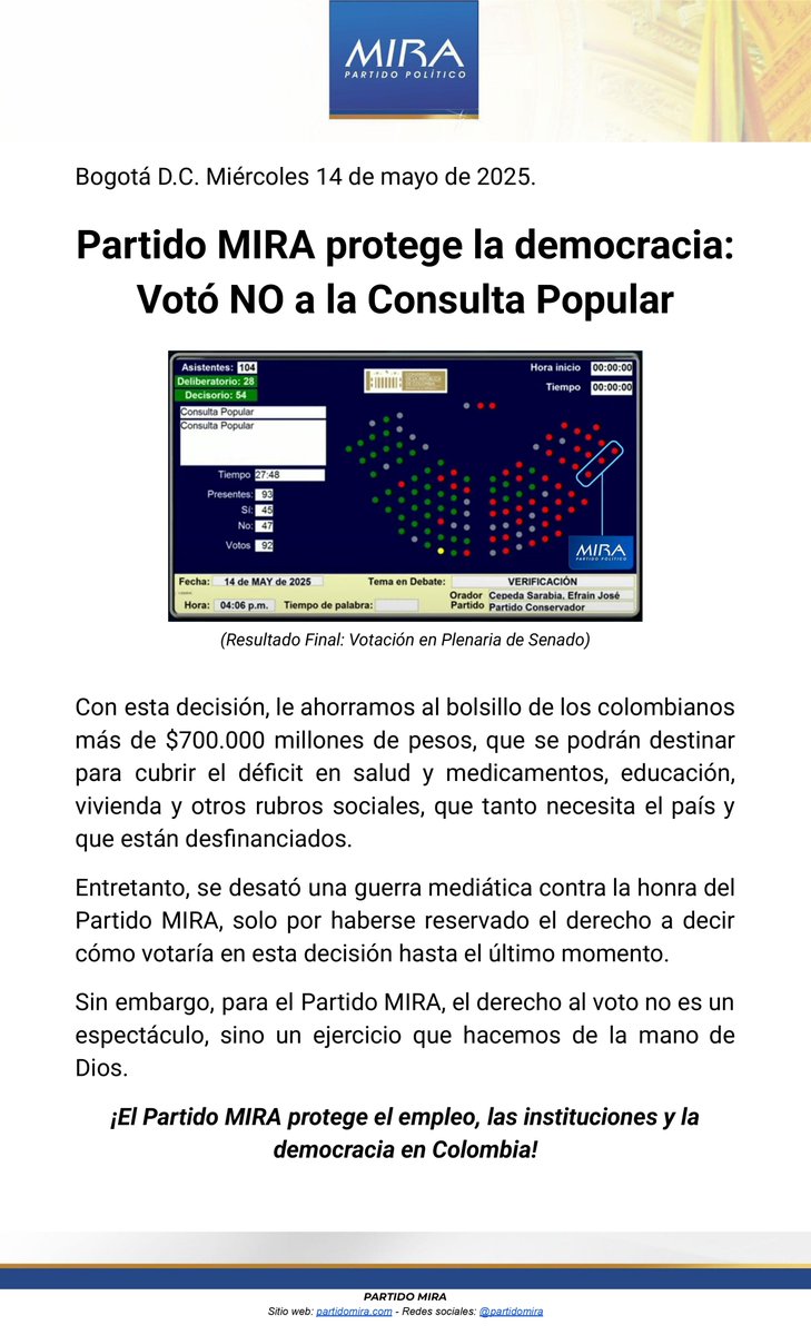 Partido MIRA (@partidomira) on Twitter photo Comunicado
El <a href="/PartidoMIRA/">Partido MIRA</a> protege la democracia: Votó NO a la Consulta Popular sobre Reforma Laboral en el Senado de la República.
Completo: Comunicado
El <a href="/PartidoMIRA/">Partido MIRA</a> protege la democracia: Votó NO a la Consulta Popular sobre Reforma Laboral en el Senado de la República.
Completo:
