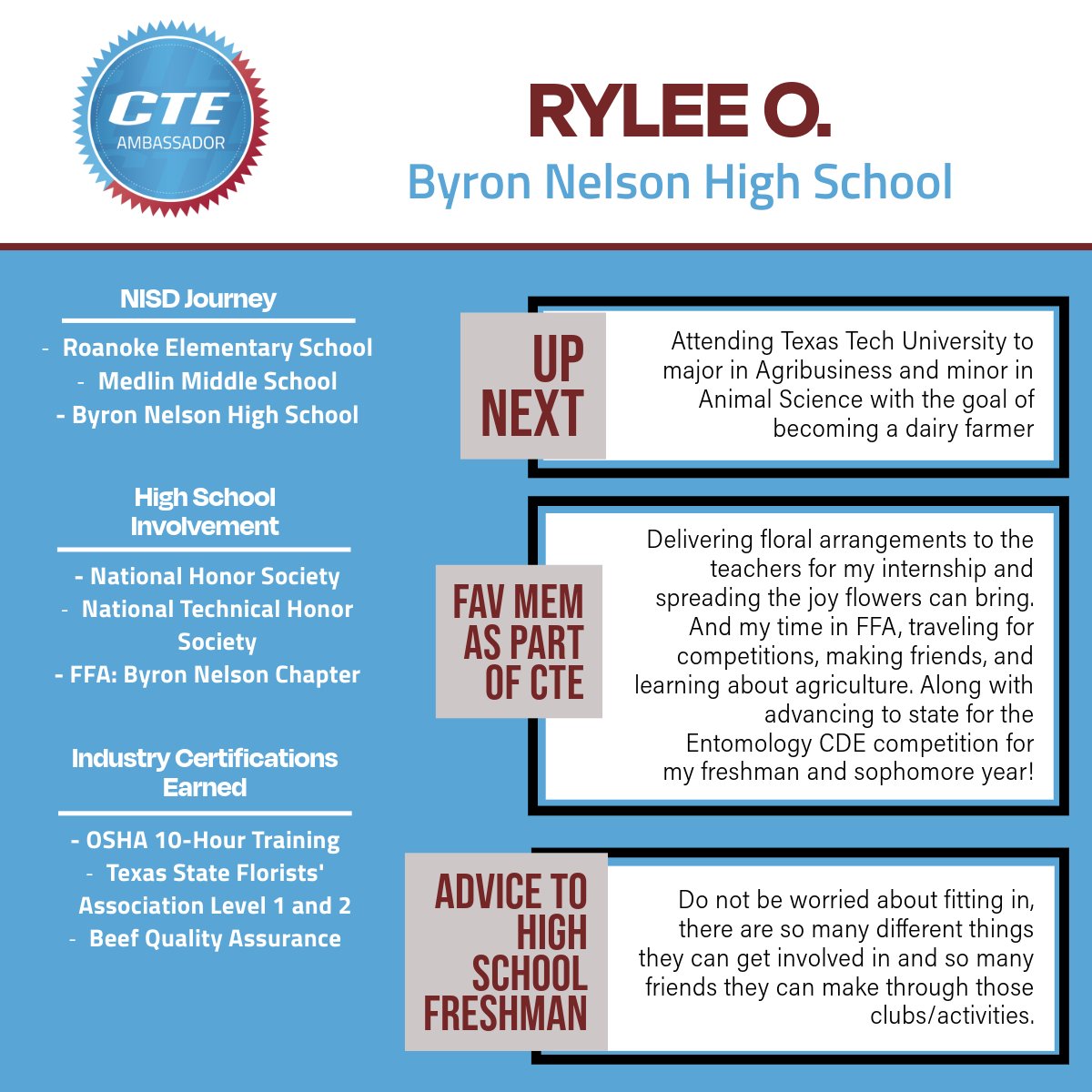 🎓Congrats to Class of '25 NISD CTE Ambassador RYLEE O. | Plant Science <a href="/ByronNelsonHigh/">Byron Nelson HS</a> <a href="/BnhsFfa/">BNHS FFA</a> 🍎Rylee would like to recognize CTE teachers Galena Morrin + Tori Dowdy for opening a new path for her to explore in agriculture! Read about Rylee⬇️ #IAmNISDCTE