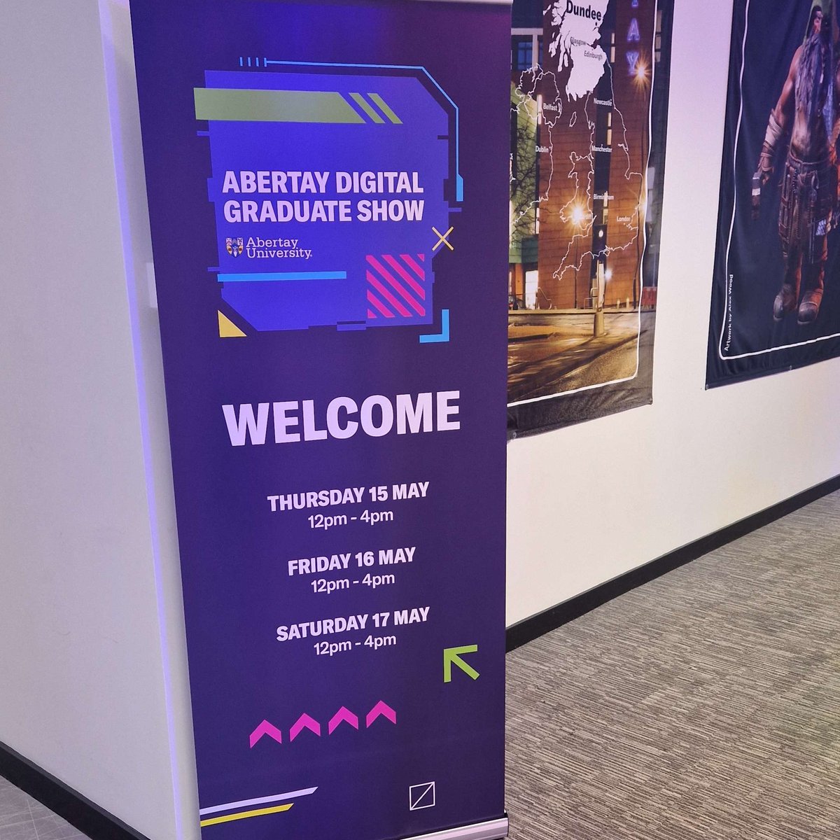 BlindVizn's tweet image. Really excited to show off my work at the Abertay Digital Graduate Show this week! I&apos;m super honoured to have a large vertical poster in the entrance hall, and can&apos;t wait for people to see my latest project in person😄Please come say hi and take a look🙂#ADGS2025