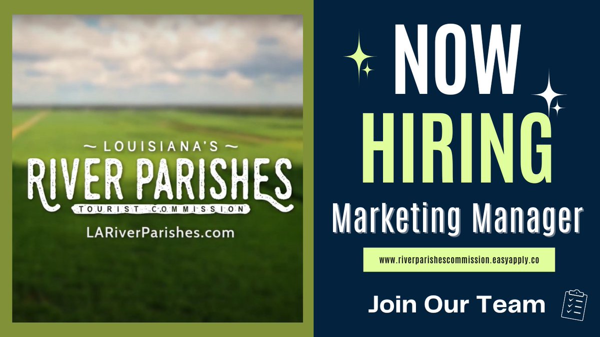 We’re hiring! Louisiana’s River Parishes Tourist Commission is seeking a strategic, creative, and results-driven Marketing Manager to lead initiatives that promote the region’s culture, heritage, and experiences.
📅 Deadline to apply: May 23, 2025
Apply at …arishestouristcommission.easyapply.co