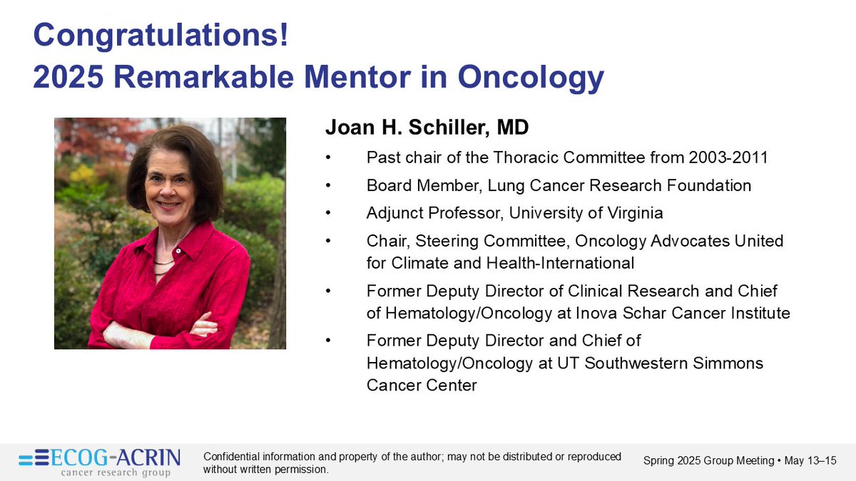 ECOG-ACRIN Cancer Research Group (@eaonc) on Twitter photo Congratulations to the 2025 #EAOnc Remarkable Mentor in Oncology Award recipient, Dr. <a href="/joan_schiller/">Dr. Joan Schiller</a> of <a href="/lcrf_org/">Lung Cancer Research Foundation</a> <a href="/OUCHIntl/">Oncology Advocates United for Climate and Health</a>! #mentorship #LungCancer Congratulations to the 2025 #EAOnc Remarkable Mentor in Oncology Award recipient, Dr. <a href="/joan_schiller/">Dr. Joan Schiller</a> of <a href="/lcrf_org/">Lung Cancer Research Foundation</a> <a href="/OUCHIntl/">Oncology Advocates United for Climate and Health</a>! #mentorship #LungCancer