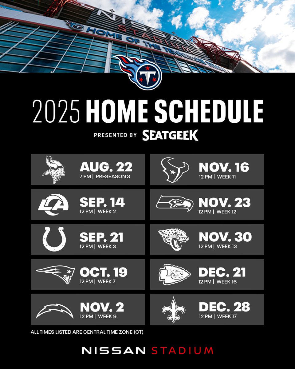 Nissan Stadium (@nissanstadium) on Twitter photo The <a href="/Titans/">Tennessee Titans</a> Home Schedule 🏡
Grab your tickets for the home games today
🎟️ bit.ly/3GPE4G7 The <a href="/Titans/">Tennessee Titans</a> Home Schedule 🏡
Grab your tickets for the home games today
🎟️ bit.ly/3GPE4G7