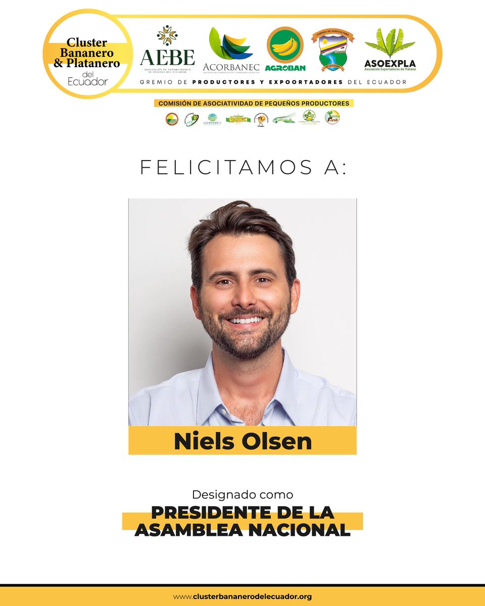 Clúster Bananero del Ecuador (@clusterbananero) on Twitter photo Felicitamos al destacado empresario @nielsolsen por su designación como presidente de la Asamblea Nacional del Ecuador. Reconocemos su compromiso con el desarrollo del país y confiamos en que desde este nuevo rol continuará impulsando políticas que fortalezcan al #Ecuador Felicitamos al destacado empresario @nielsolsen por su designación como presidente de la Asamblea Nacional del Ecuador. Reconocemos su compromiso con el desarrollo del país y confiamos en que desde este nuevo rol continuará impulsando políticas que fortalezcan al #Ecuador
