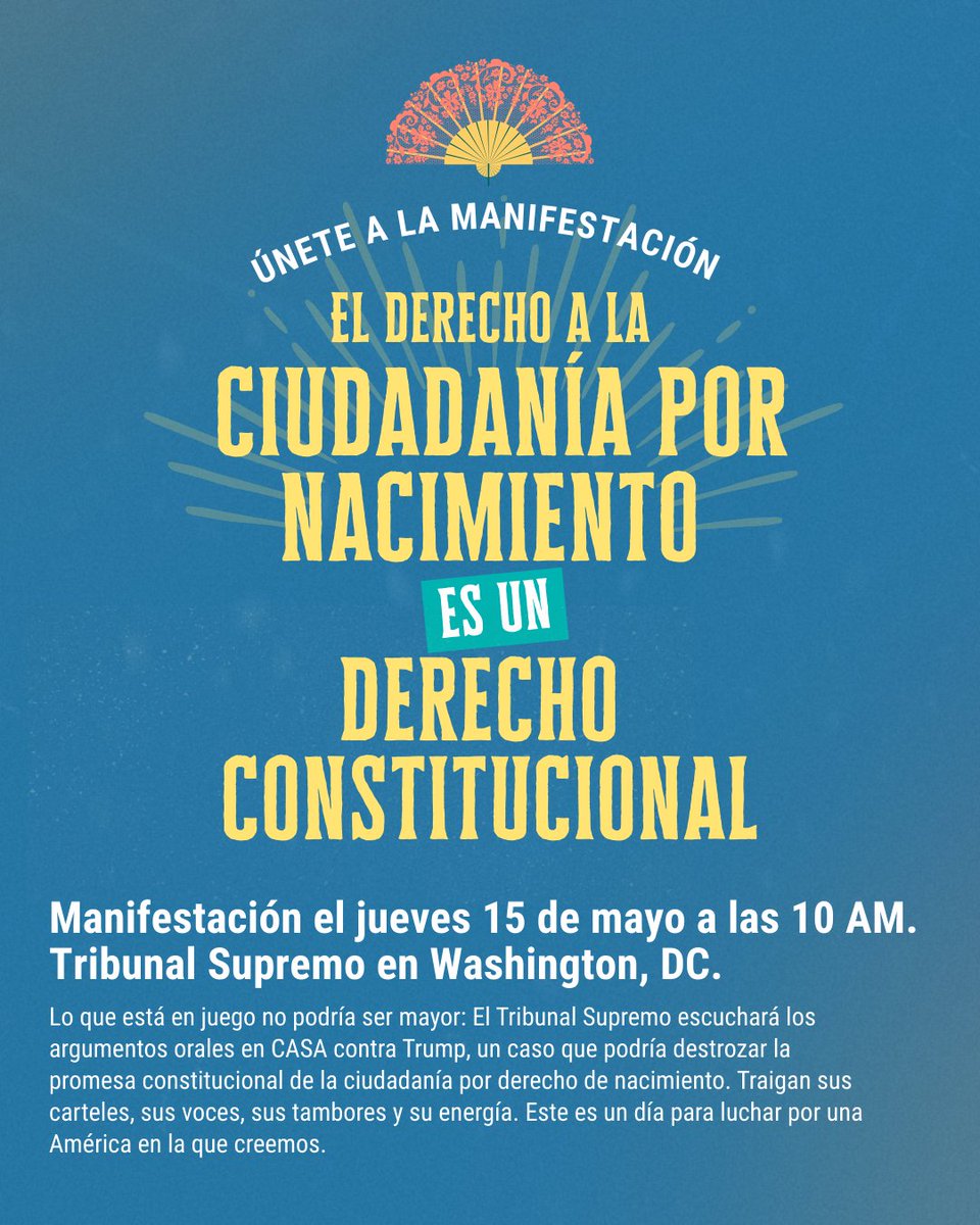 El 15 de mayo, la Corte Suprema escuchará el caso CASA contra Trump. El resultado determinará si este país continúa cumpliendo su promesa constitucional.

¡Defiéndanse!

#NuestrosNiñosPertenecen #NosotrosPertenecemos #CiudadaníaPorDerechoDeNacimiento