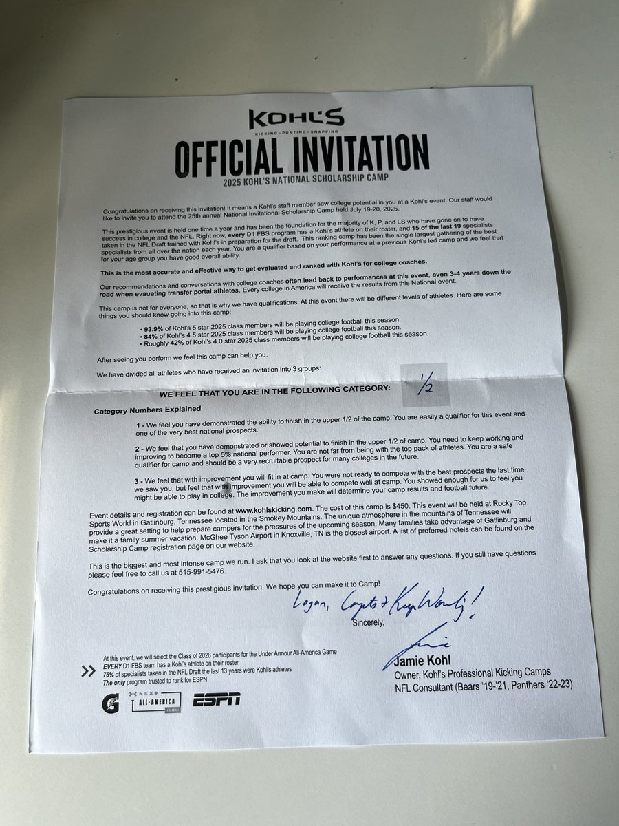 Logan (@logan_barton99) on Twitter photo Thanks <a href="/KohlsKicking/">Kohl's Kicking Camps</a> for the opportunity to compete at the National Scholarship Camp! Thanks <a href="/KohlsKicking/">Kohl's Kicking Camps</a> for the opportunity to compete at the National Scholarship Camp!