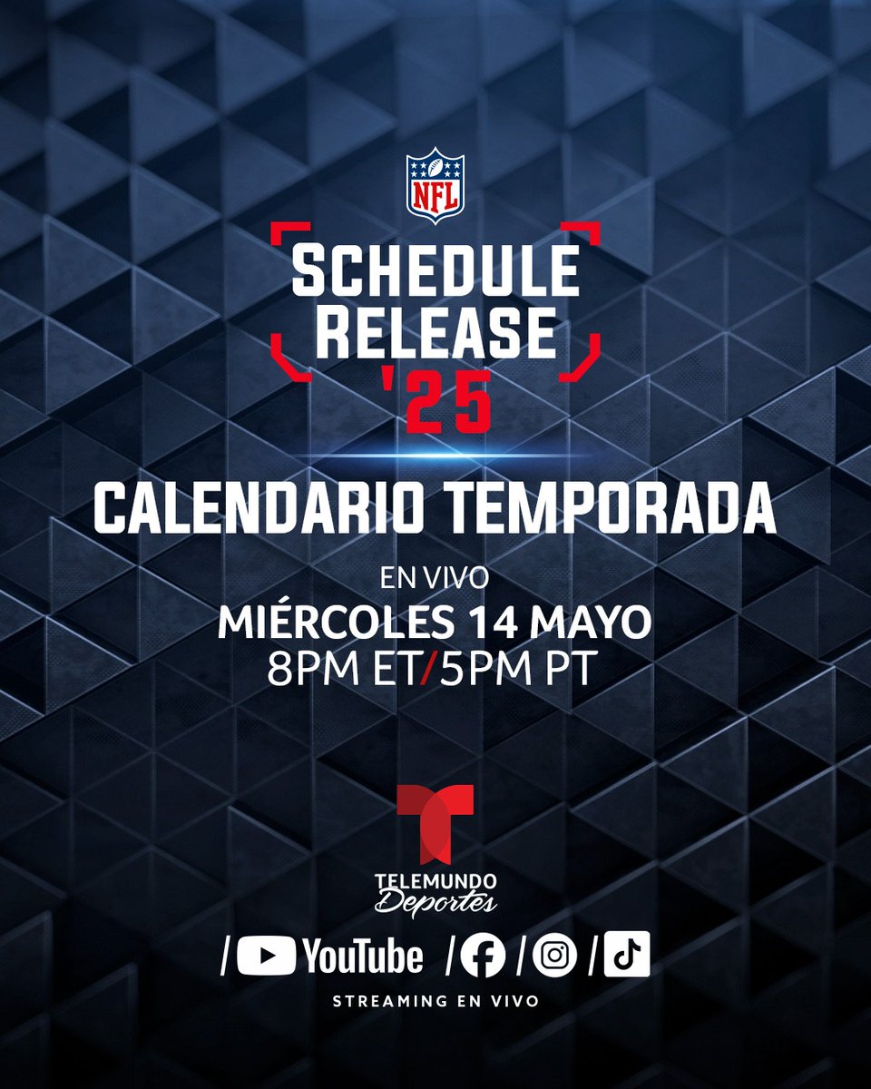 Telemundo Deportes (@telemundosports) on Twitter photo 📅 ¡Se viene lo que todos esperaban!
🏈 Hoy miércoles se revela el calendario oficial de la temporada 2025 de la NFL
👀 Prepárate para conocer todos los juegos y fechas
⏰ 8pm ET / 5pm PT
📺 EN VIVO por todas las redes sociales de Telemundo Deportes con <a href="/Miguel_Gurwitz/">Miguel Gurwitz 🍿</a>, 📅 ¡Se viene lo que todos esperaban!
🏈 Hoy miércoles se revela el calendario oficial de la temporada 2025 de la NFL
👀 Prepárate para conocer todos los juegos y fechas
⏰ 8pm ET / 5pm PT
📺 EN VIVO por todas las redes sociales de Telemundo Deportes con <a href="/Miguel_Gurwitz/">Miguel Gurwitz 🍿</a>,