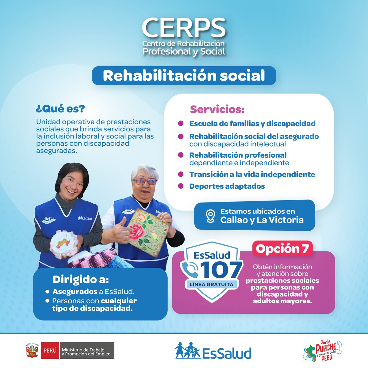 EsSaludPeru's tweet photo. Potenciamos las habilidades de las personas con discapacidad a través de nuestros Centros Especializados de Rehabilitación Profesional y Social #CERPS. 💪 ¡Conoce más sobre ellos y únete a nuestros servicios! https://t.co/1RprvnHMO4