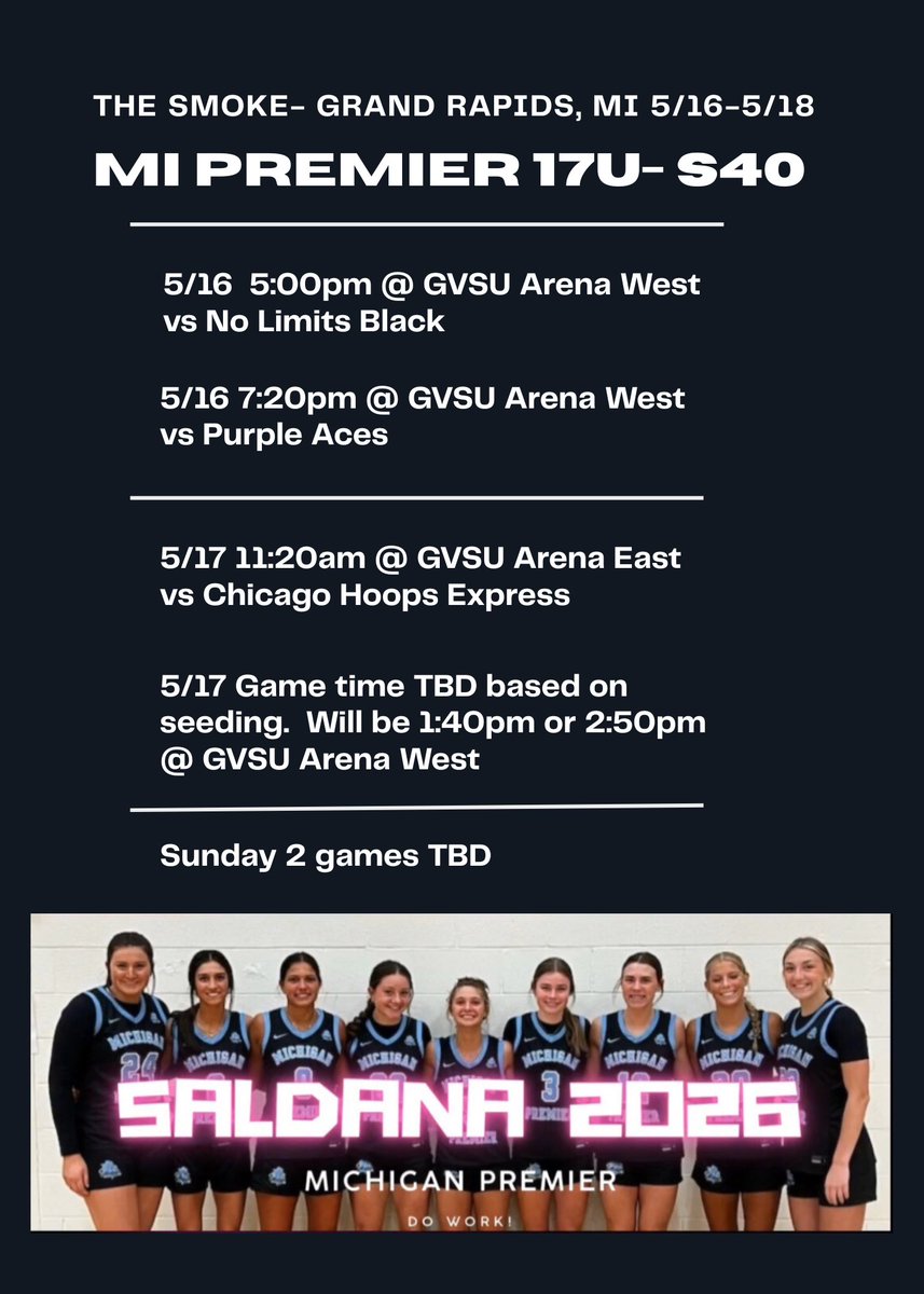 Super excited to be playing with my team this weekend! Come check us out!! <a href="/MIpremierbball/">Michigan Premier</a> <a href="/MIPremier2026/">MI Premier 2026 - Saldana</a>