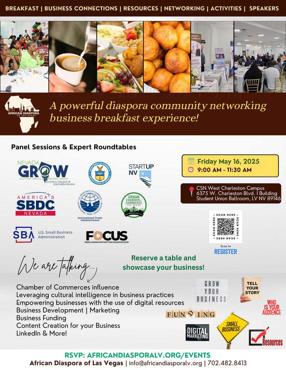🌍✨ Join the African Diaspora for the Africa Day Networking Breakfast &amp; Business Marketplace on May 16, 9–11:30 AM at CSN West Charleston! 

Connect, grow, and discover resources to take your business to the next level. ✅ FREE to attend!

RSVP: africandiasporalv.org/events