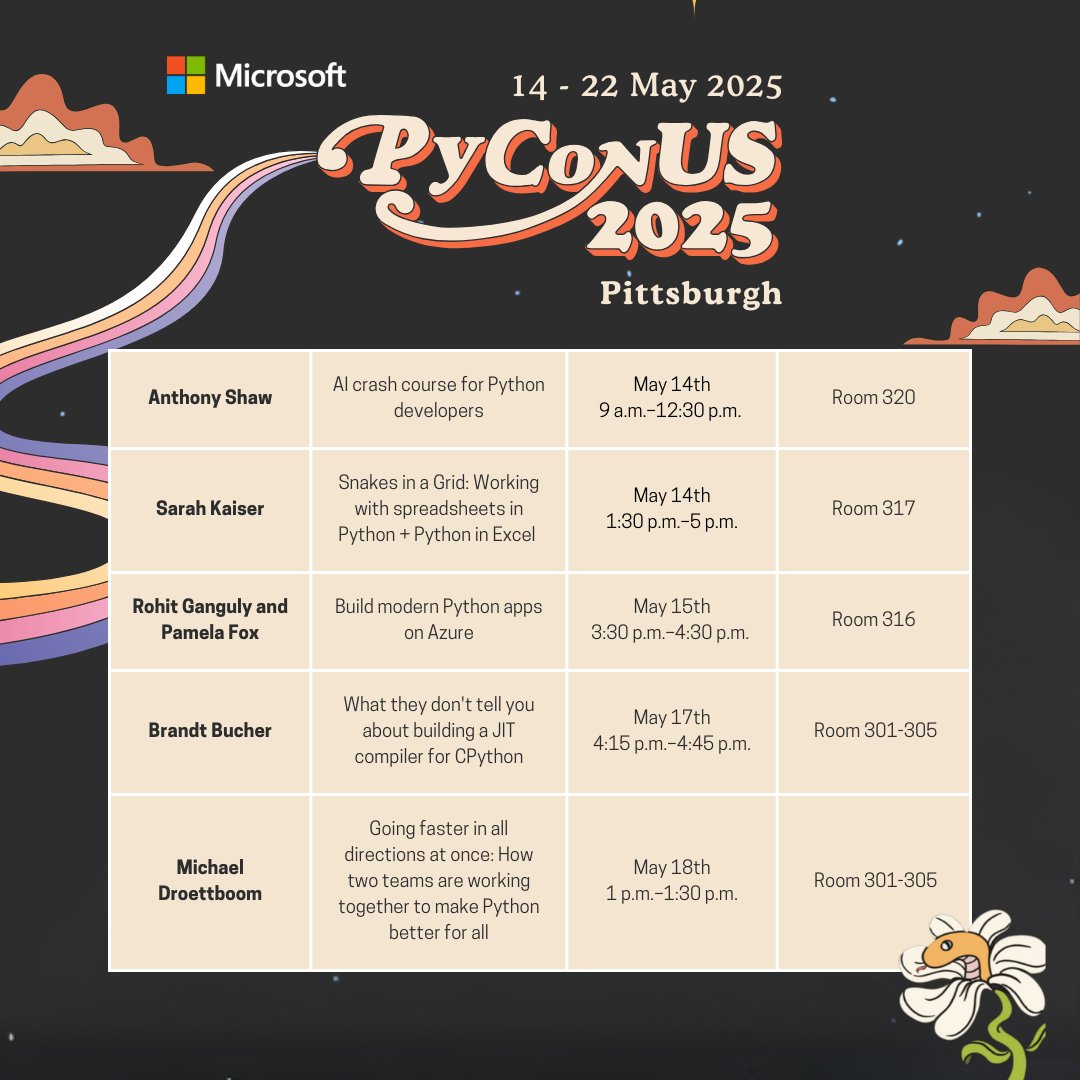 pythonvscode's tweet image. We can't wait to connect, learn, and have a lot of fun with you all at #PyConUS 2025! Come and be part of the experience! ✨
📅Here is the schedule for this year! #MicrosoftatPycon #PyCon