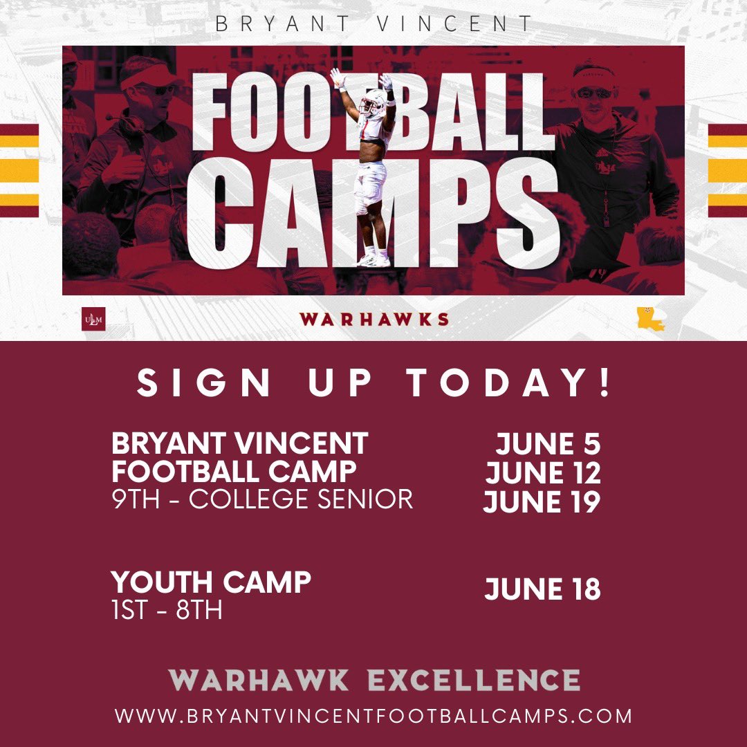 BRYANTVINCENTFOOTBALLCAMPS.COM It would be great to see you at camp! <a href="/ULM_FB/">ULM Football</a>