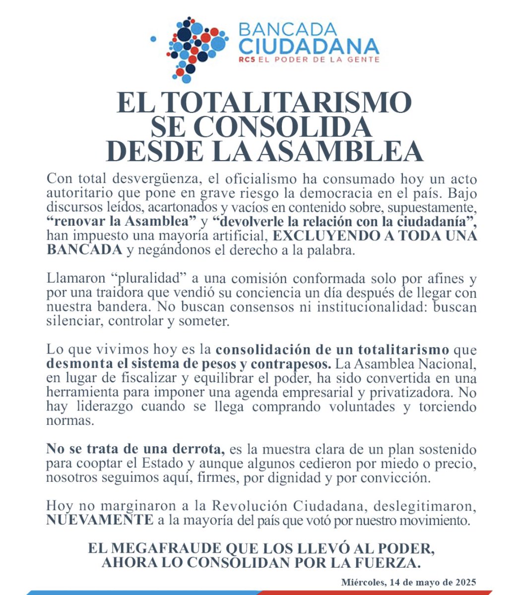 📢 Hoy se consolidó el totalitarismo desde la <a href="/AsambleaEcuador/">Asamblea Nacional</a>. Nos negaron la palabra, impusieron su mayoría ARTIFICIAL y traicionaron a la mayoría de Ecuador que votó, militante, por la Revolución Ciudadana.

El megafraude no solo los llevó al poder, ahora lo afianzan por la