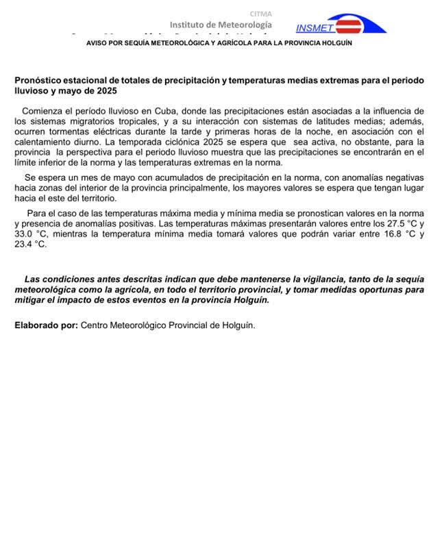 AVISO No. 2 POR SEQUÍA METEOROLÓGICA Y AGRÍCOLA EMITIDO POR EL Centro Meteorológico Provincial de Holguín. <a href="/insm/">INSM</a>
PARTE No. 3 Y FINAL
#meteoroholguin2025
#PreparadosYAlertas <a href="/IDRC_LAC/">IDRC en ALC</a> <a href="/CATHALAC/">CATHALAC</a>