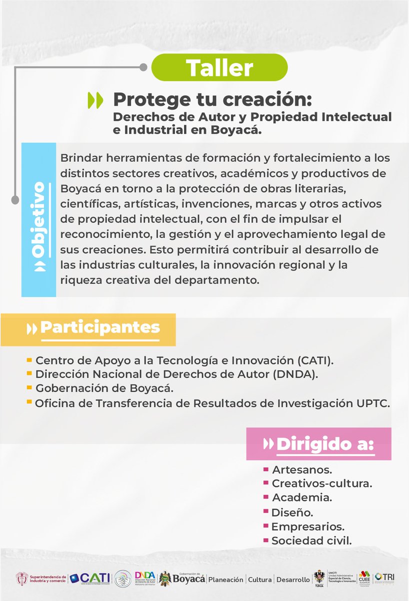 El equipo de la #DNDA se une a los talleres de #ProtegeTuCreación: Derechos de Autor y Propiedad Intelectual e Industrial en Boyacá.

👉20 y 21 de mayo
🗺️Auditorio Eduardo Caballero Calderón, Carrera 10 No. 19 - 17, Tunja

#DNDAEnLasRegiones