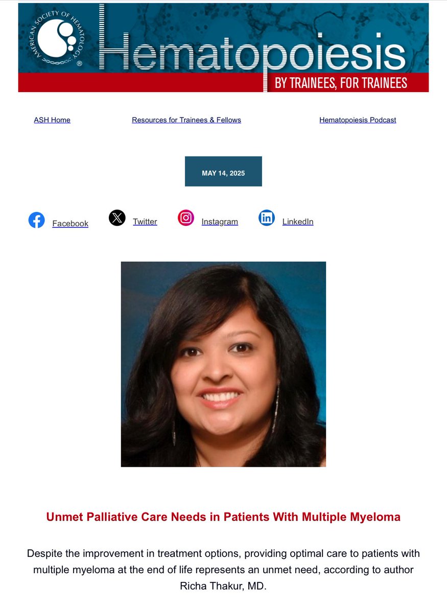 Richa Thakur, MD (@richathakurmd) on Twitter photo So excited to share that my piece on Unmet Palliative Care Needs in Patients with Multiple Myeloma was featured in Hematopoiesis <a href="/ASH_hematology/">ASH</a>. Huge thank you to <a href="/AgrimaMianMD/">Agrima Mian</a> and <a href="/CarrawayHetty/">Hetty Carraway</a> for their help and support as well as all of my incredible mentors! #MMSM #PallOnc So excited to share that my piece on Unmet Palliative Care Needs in Patients with Multiple Myeloma was featured in Hematopoiesis <a href="/ASH_hematology/">ASH</a>. Huge thank you to <a href="/AgrimaMianMD/">Agrima Mian</a> and <a href="/CarrawayHetty/">Hetty Carraway</a> for their help and support as well as all of my incredible mentors! #MMSM #PallOnc