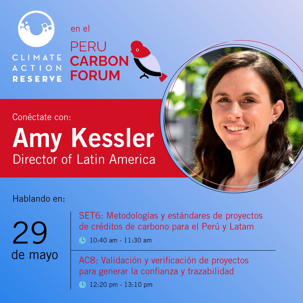Connect w Amy Kessler, Director of LATAM, at the #PeruCarbonForum May 28-29! Amy will be speaking on two panels highlighting our work to ensure high quality protocols &amp; projects in LATAM! perucarbon.net <a href="/mexico2_pmc/">MÉXICO2</a> #MercadosDeCarbono #Sostenibilidad #VCM #CarbonoNeutral