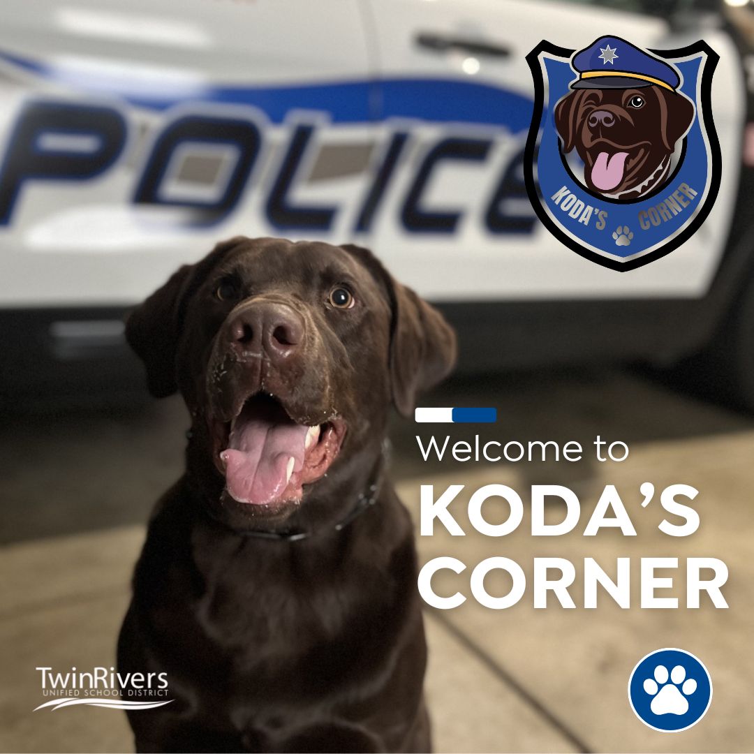 Hello Twin Rivers community! I’m Koda, your proud K-9 officer! Follow me on Koda’s Corner for important safety tips, fun facts, and a behind-the-scenes look at how we’re working together to keep TRUSD safe. 
Learn more at trusd.net/koda