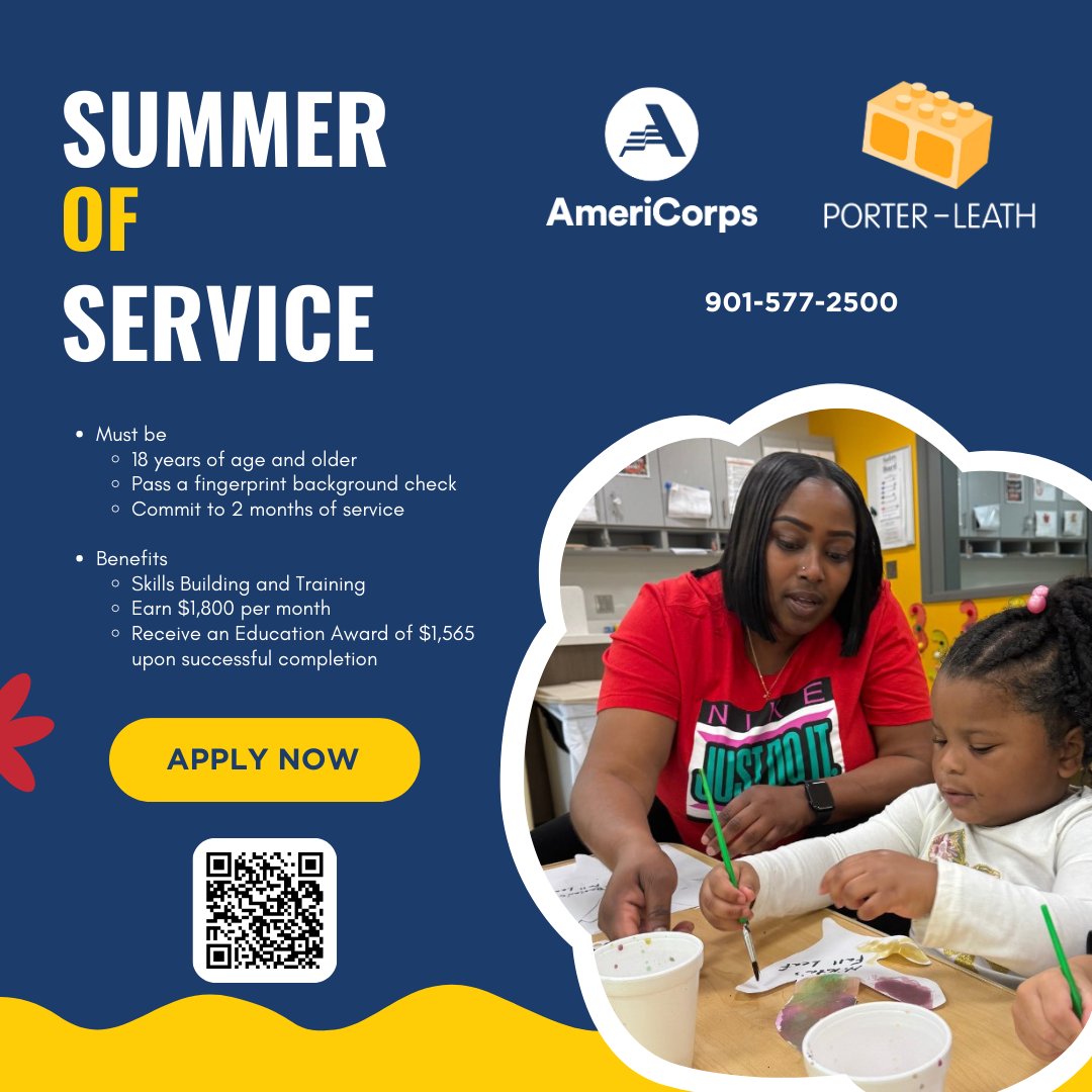 Are you looking for a summer opportunity to work in #earlychildhood? Explore our 2 month Summer of Service through @americorps at @porterleath.

Apply today: recruiting.paylocity.com/Recruiting/Job…