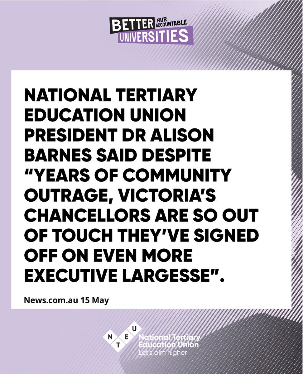NTEU (@nteunion) on Twitter photo “On one hand, universities blame budget deficits for job cuts, and with the other they push vice-chancellor pay into the stratosphere.” <a href="/AlisonBarnes25/">Alison Barnes</a>
Together we are making noise and being heard. Join our campaign for better universities: betterunis.nteu.au/inquiry “On one hand, universities blame budget deficits for job cuts, and with the other they push vice-chancellor pay into the stratosphere.” <a href="/AlisonBarnes25/">Alison Barnes</a>
Together we are making noise and being heard. Join our campaign for better universities: betterunis.nteu.au/inquiry