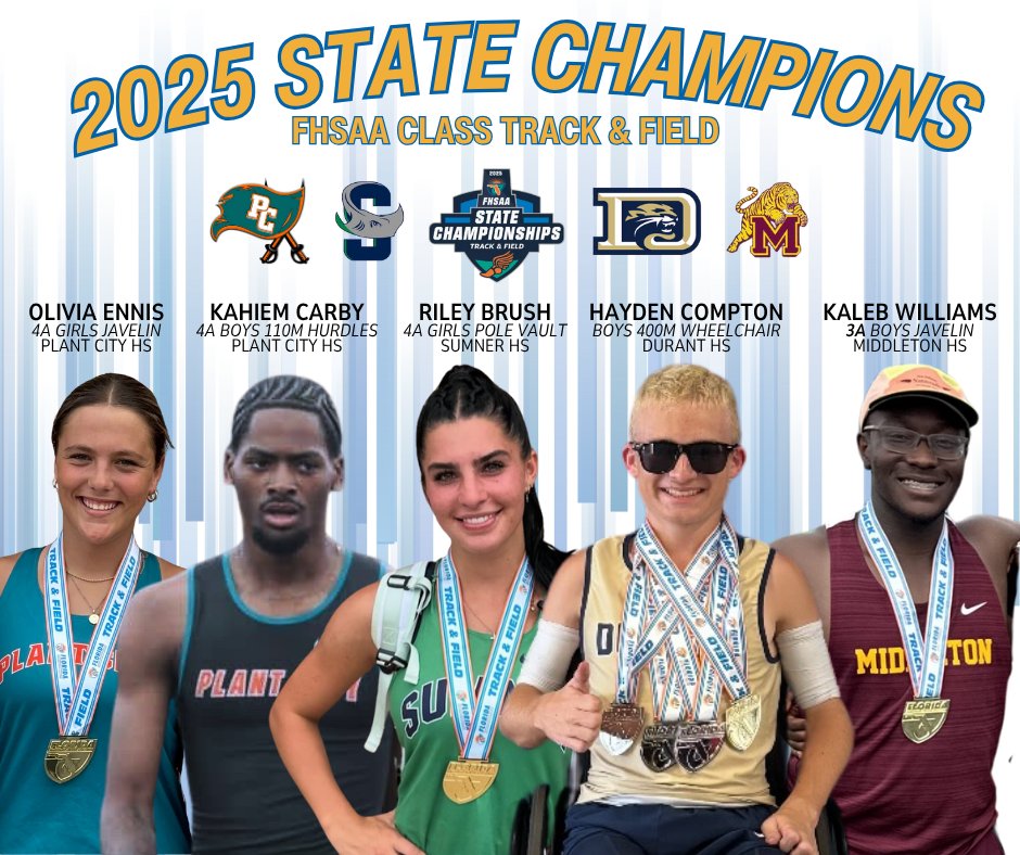 🎉 Congratulations to all of our track and field state finalists—and a huge shoutout to our FIVE state champions! 🏆🔥
🥇 Riley Brush – Sumner High School
1st Place, 4A Girls Pole Vault
🥇 Olivia Ennis – Plant City High School
1st Place, 4A Girls Javelin
🥇 Kahiem Carby – Plant
