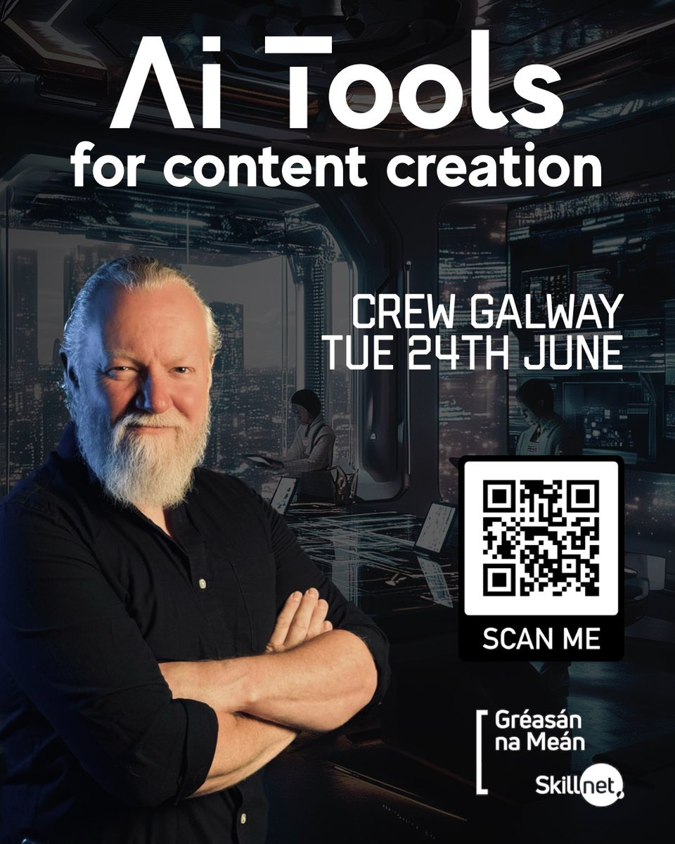 Join me in Galway on Tuesday, June 24th for a one-day, in-person workshop exploring the latest AI Tools for Content. From automation and image generation to voice cloning and video production.

Spaces limited!
Scan the QR code to register. Tickets €100 /50% off code AIEB24625