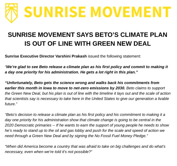 daveweigel's tweet image. We’ll never have another primary like 2020. Beto rolled out a $5 trillion climate plan and Sunrise panned it bc it didn’t get to net zero until 2050.