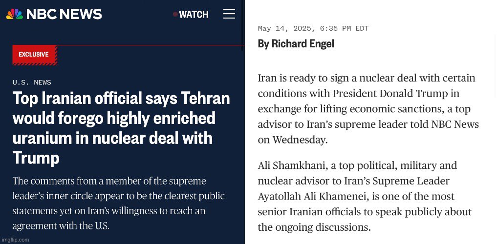 ⚠️MASSIVE DEVELOPMENT⚠️

Iranian official says they are willing to sign a nuclear deal with Trump, in exchange for lifting economic sanctions!

Shamkhani says that Iran will commit to never making nuclear weapons and getting rid of their stockpiles!

This development coming while