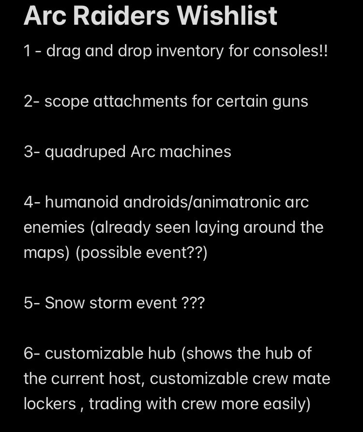 DissObey (@dissobeystudios) on Twitter photo Like every other game i usually put together a wishlist of what I will like to see in the future
<a href="/ARCRaidersGame/">ARC Raiders</a> is such a great game there wasn’t much I needed to add to the list (until I can think of more) here are 6 things I wish for the future in #ArcRaiders <a href="/EmbarkStudios/">Embark Studios</a> Like every other game i usually put together a wishlist of what I will like to see in the future
<a href="/ARCRaidersGame/">ARC Raiders</a> is such a great game there wasn’t much I needed to add to the list (until I can think of more) here are 6 things I wish for the future in #ArcRaiders <a href="/EmbarkStudios/">Embark Studios</a>