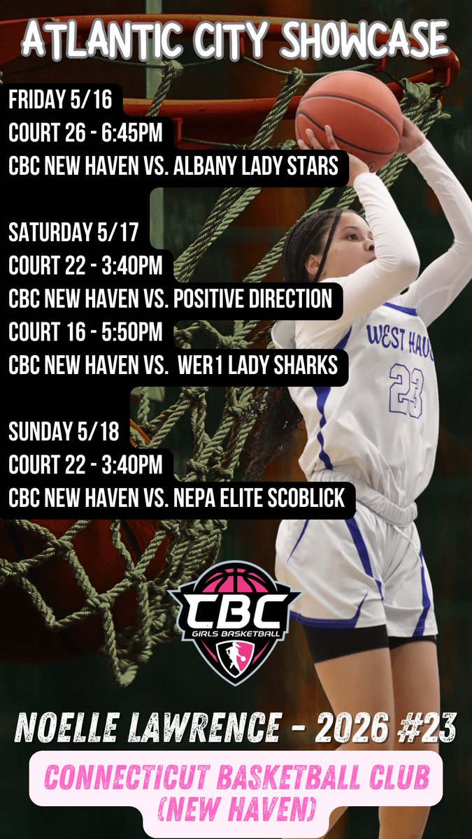 Here is my tournament Schedule for the Atlantic City Showcase this weekend! 

<a href="/girlscbc/">CBC Girls</a>