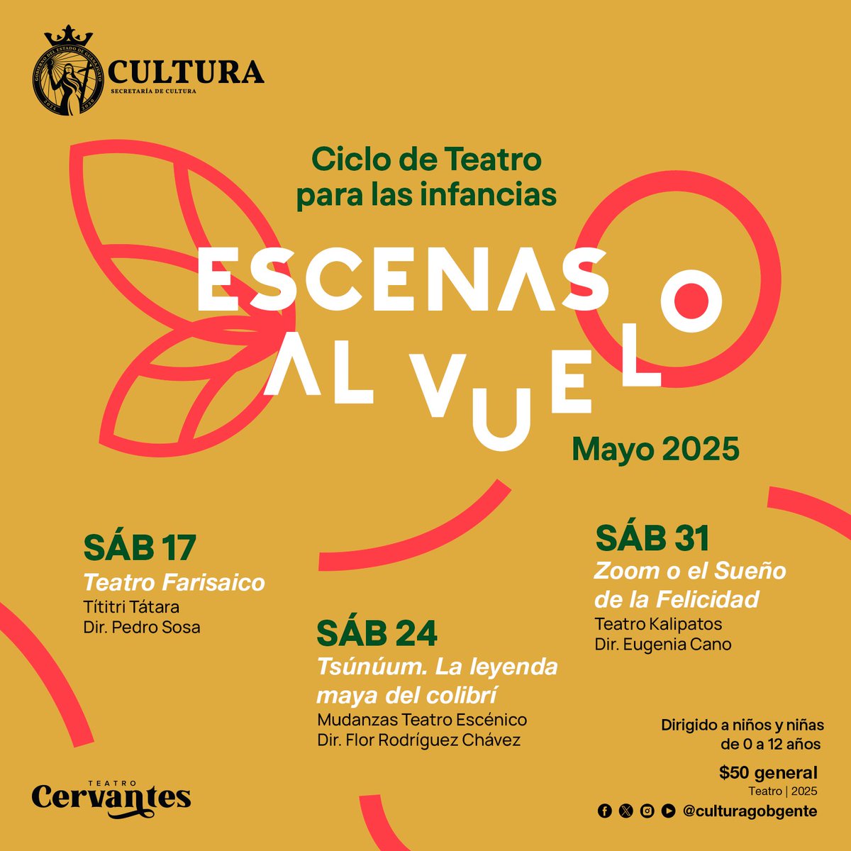 #desdeelCervantes

🎭✨ ¡La imaginación despega en el teatro!

Ven con tus niñas y niños a Escenas al vuelo, un ciclo escénico que convierte cada función en una aventura de juego, creatividad y reflexión.

📅 Sábados 17, 24 y 31 de mayo
🕕 18:00 h
💸 Entrada general: $50