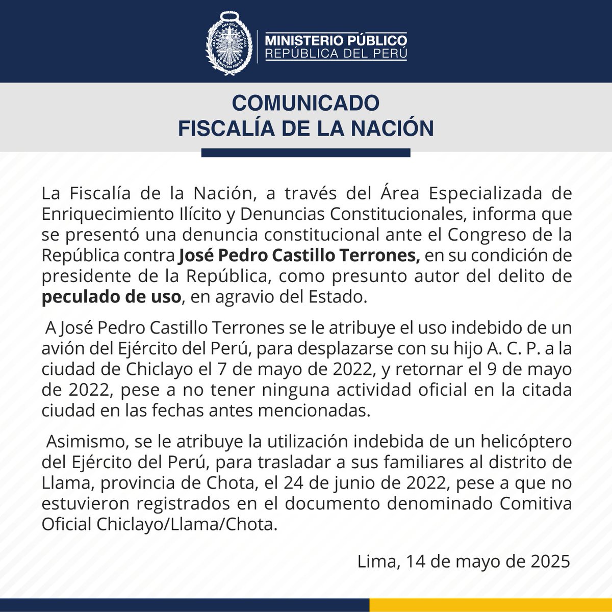 Ministerio Público (@fiscaliaperu) on Twitter photo 🚨#Comunicado | Fiscalía de la Nación, a través del Área de Enriquecimiento Ilícito y Denuncias Constitucionales, presentó denuncia constitucional ante el <a href="/congresoperu/">Congreso del Perú 🇵🇪</a> contra José Pedro Castillo Terrones, en su actuación como presidente de la República. 🚨#Comunicado | Fiscalía de la Nación, a través del Área de Enriquecimiento Ilícito y Denuncias Constitucionales, presentó denuncia constitucional ante el <a href="/congresoperu/">Congreso del Perú 🇵🇪</a> contra José Pedro Castillo Terrones, en su actuación como presidente de la República.
