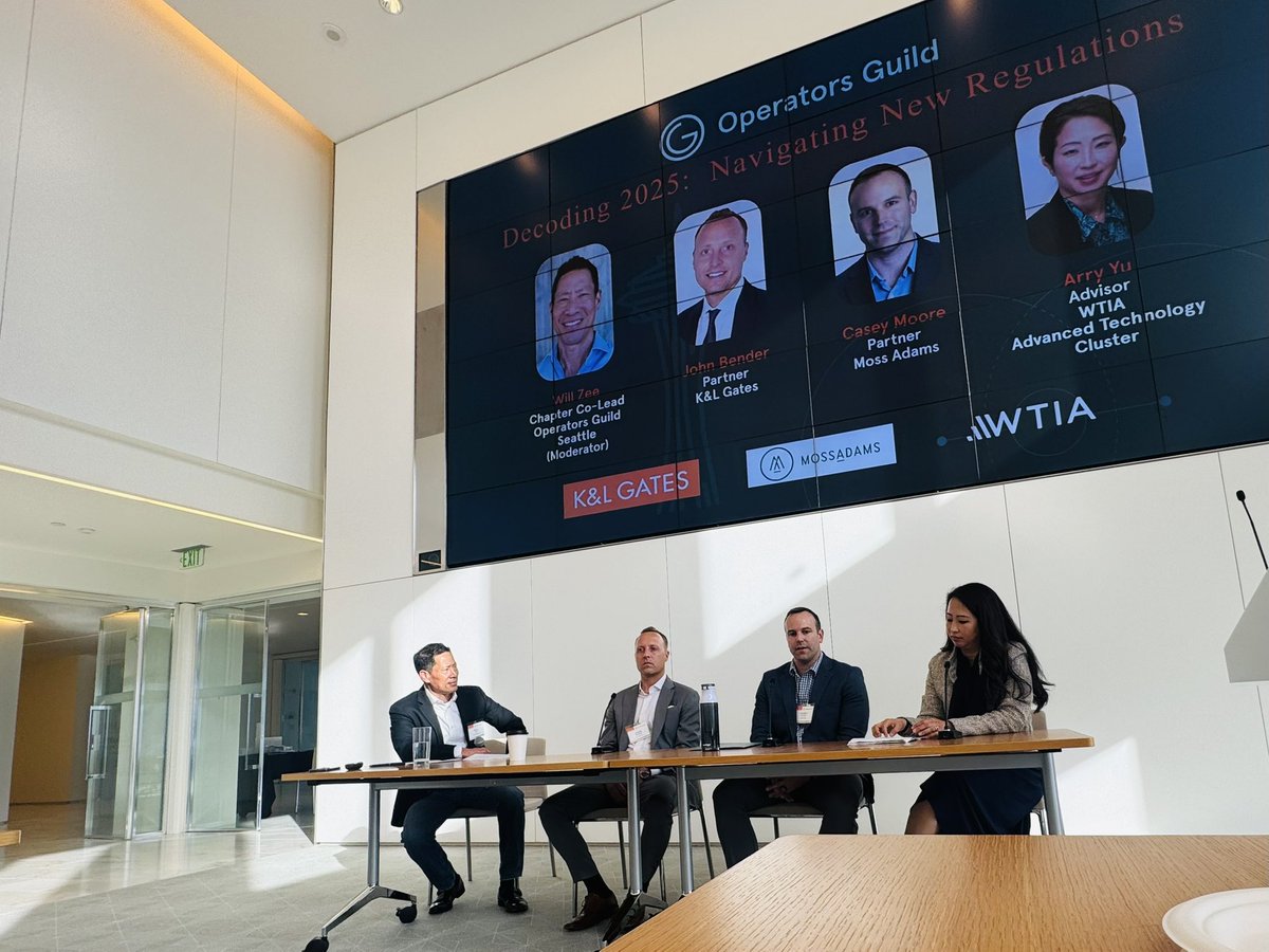 ArryinSeattle's tweet image. We had a wonderful thoughtful panel discussion last night with the OG Operators Guild "Navigating New Regulations" last night. Shoutout to our moderator, William Zee and my esteemed co-panelists, K&L Gates Parter John T. Bender and Moss Adams Tax Partner, Casey Moore, CPA.…
