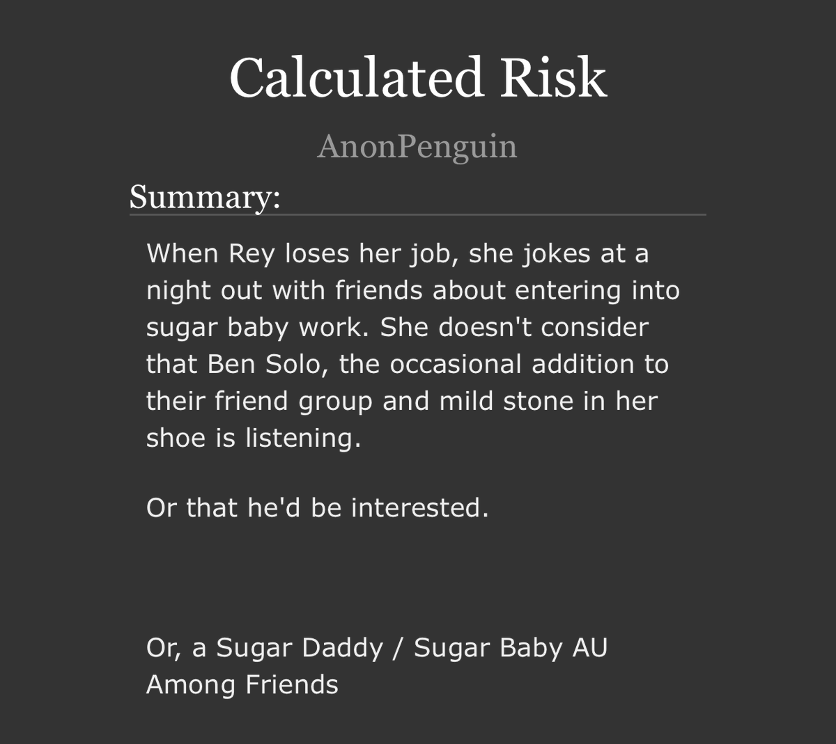 FIC COMPLETE

Calculated Risk

E | 109K | 19/19

// glucose relations between friends / acquaintances to lovers / quick burn physical / slow burn emotional / pining / angst / Happy Ending //

🔗Below