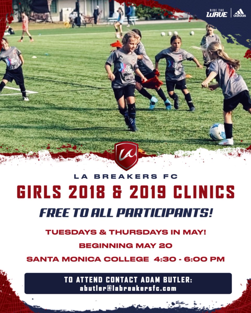 labreakersfc (@labreakersfc) on Twitter photo Calling Girls Born 2018 and 2019!
Come on out to Santa Monica college on Tuesdays and Thursdays for the rest of the week month of may for amazing free clinics with our awesome coaches.
Contact Adam Butler to register at abutler@labreakersfc.com Calling Girls Born 2018 and 2019!
Come on out to Santa Monica college on Tuesdays and Thursdays for the rest of the week month of may for amazing free clinics with our awesome coaches.
Contact Adam Butler to register at abutler@labreakersfc.com