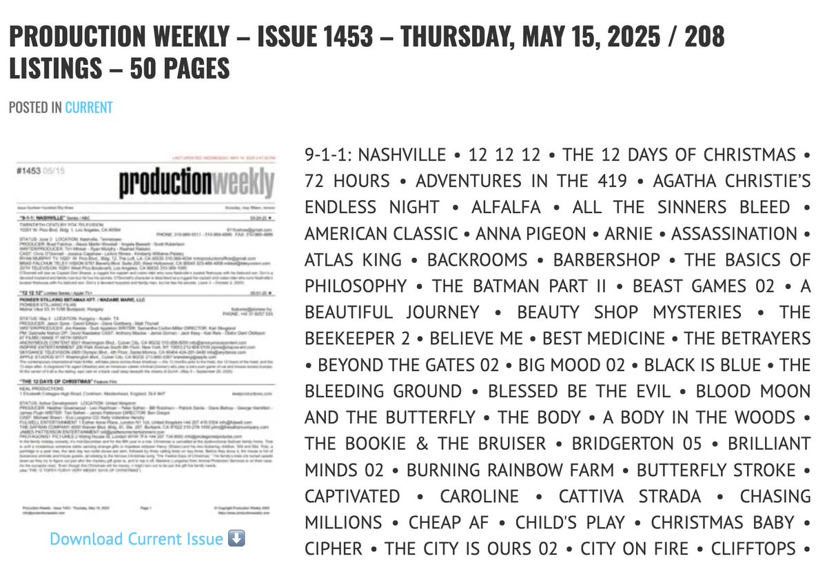Production Weekly - Issue 1453 - Thursday, May 15, 2025 / 208 Listings - 50 Pages

Download Current Issue ⬇️

productionweekly.com/production-wee…