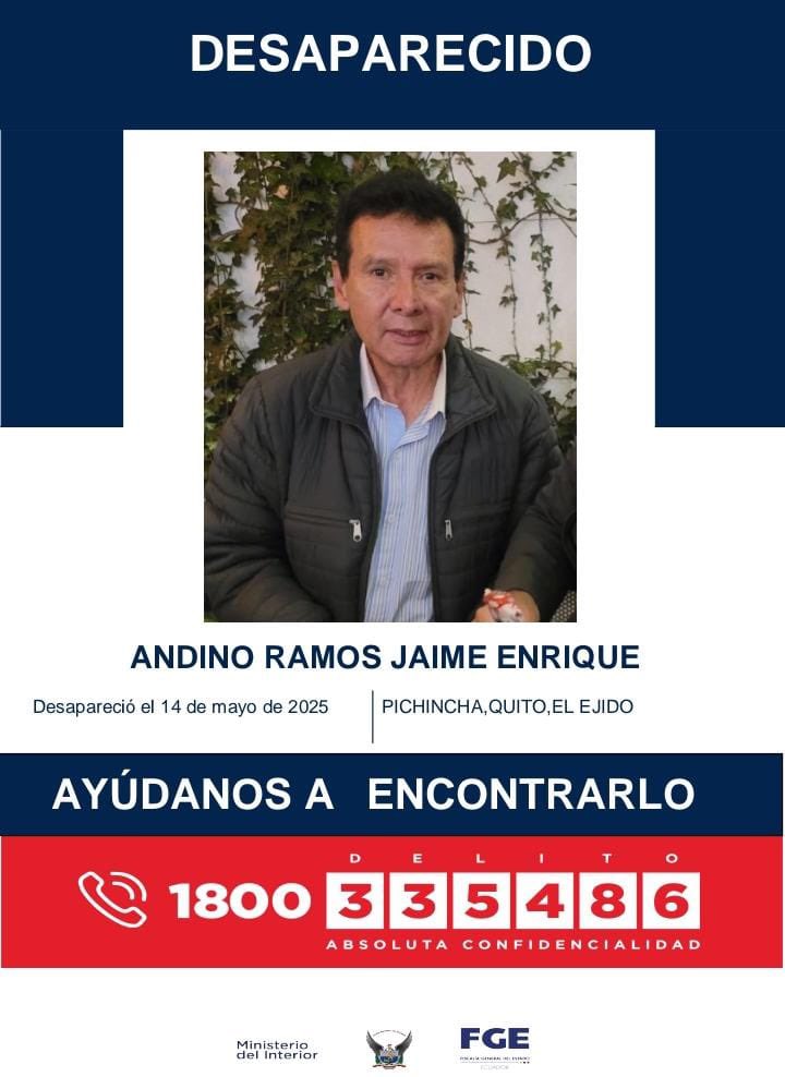 #DesaparecidosEcuador | #Pichincha: si tienes información sobre la ubicación de Jaime Enrique Andino Ramos, comunícate de inmediato con las autoridades. Fue visto por última vez el 14 de mayo de 2025 en el sector de El Ejido, en #Quito.