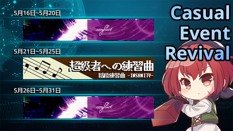 【イベント復刻のお知らせ】
5月16日～5月31日、TAKUMI³では下記の楽曲が解禁可能なイベントが復刻します！

🟨Challenge Event
conflict [INS]

🟦Casual Event
～20日
conflict [MAS]
～25日
階段練習曲 [INS]
～31日
conflict [MAS]

#TAKUMI_Cubic
